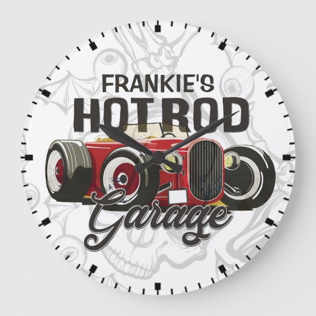Anpassningsbar DITT NAMN Hot rod Garage Personlig  Stor Klocka (Framsida)