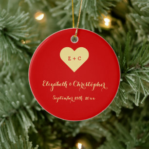 Anpassningsbar DIY Bröllop Namn Date Heart Monogr Julgransprydnad Keramik