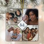 Anpassningsbar DIY Four Photo Collage | Familjemon Julgransprydnad Keramik<br><div class="desc">Familjefoton med anpassningsbar i monogram julprydnader gör underbara keepsaképresenter. Lägg enkelt till dina egna foton till detta prydnadsämne och lägg till familjens monogram i blått för en visning i eleganten till jul. Underbar för mor- och farföräldrar,  syskon eller vänner.</div>