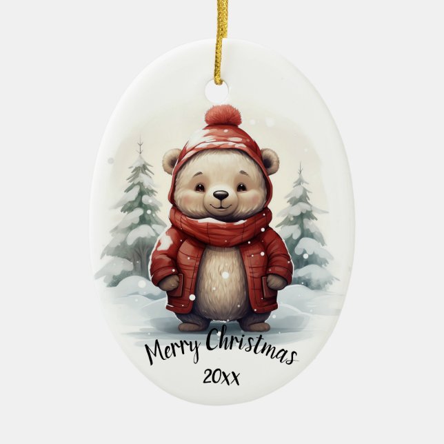 Anpassningsbar Dold Cute Winter Bear Animal God Ju Julgransprydnad Keramik (Framsidan)