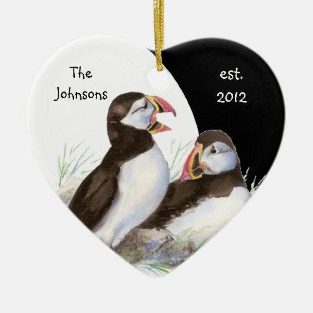 Anpassningsbar Dold Family Monogram & Puffins Bird Julgransprydnad Keramik (Framsidan)