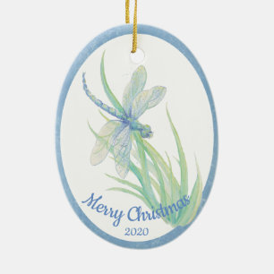 Anpassningsbar Dold jul Dragonfly Watercolor art Julgransprydnad Keramik