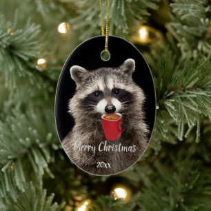 Anpassningsbar Dold Roligt Raccoon Drinking Coffee Julgransprydnad Keramik