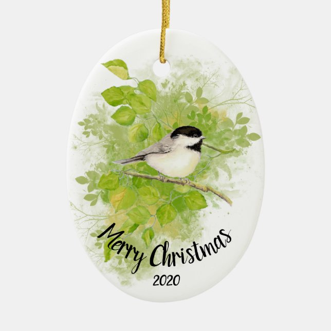 Anpassningsbar Dold Watercolor Chickadee Bird Popl Julgransprydnad Keramik (Framsidan)