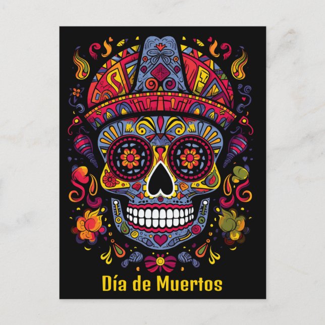 Anpassningsbar 💀 doodle stil Día de Muertos Vykort (Framsida)