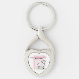 Anpassningsbar, Dop, Rosa, Flicka, Lamm Twisted Heart Silverfärgad Nyckelring