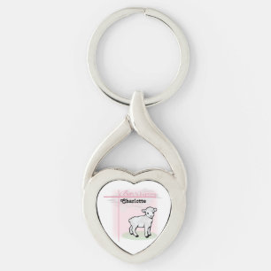 Anpassningsbar, Dop, Rosa, Flicka, Lamm Twisted Heart Silverfärgad Nyckelring