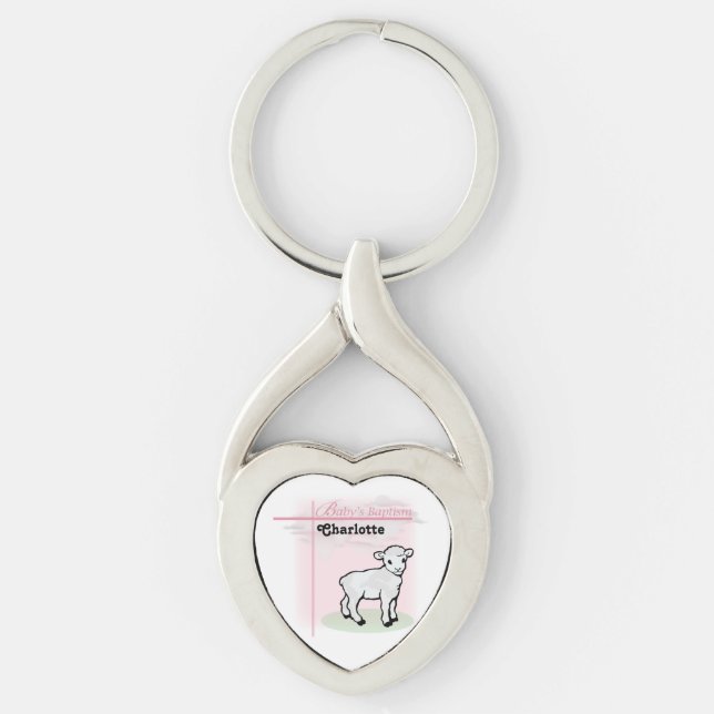 Anpassningsbar, Dop, Rosa, Flicka, Lamm Twisted Heart Silverfärgad Nyckelring (Framsidan)