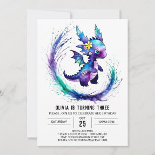 Anpassningsbar Dragon Digital Girl Birthday Inbjudningar