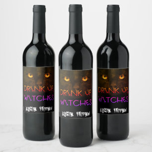 Anpassningsbar DRINK UP WITCHES Black Cat Funny Gi Vinflaska Etikett