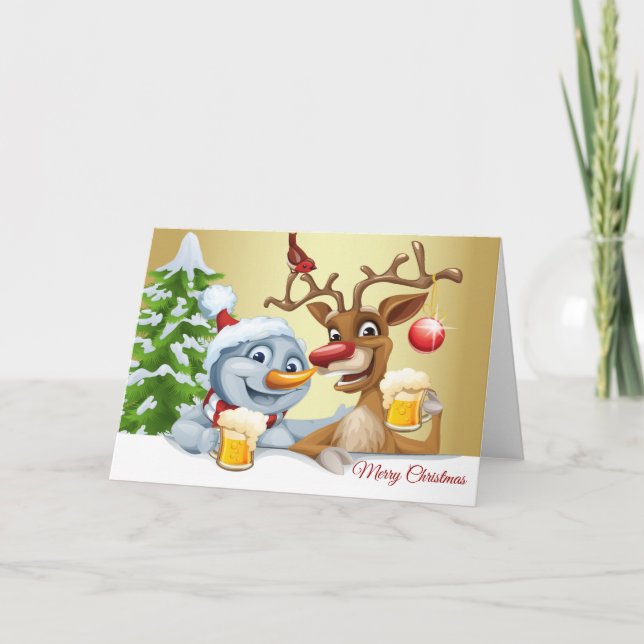 Anpassningsbar Drinking Santa and Reindeer Helgdag Kort (Framsida)