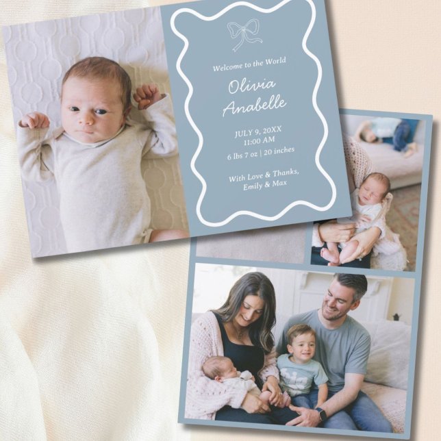 Anpassningsbar Dusty Blue Bow Vågigt Boho Collage  Meddelande (Custom Dusty Blue Bow Wavy Boho Collage Baby Birth Announcement
)