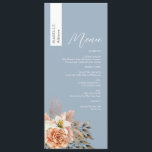 Anpassningsbar Dusty Blue Bröllop Menu med Namn Meny<br><div class="desc">Höj mottagningen med den här personlig-menyn bröllop, med elegant och dammig blå bakgrund, mjuk persikofärgad blommigt och en namn som är tryckt på en lodrät remsa - perfekt för att kombinera en meny med ett platskort. Idealisk för vår, sommar, boho eller bröllop, ger den här menyn anpassningsbar en polerad, samordnad...</div>