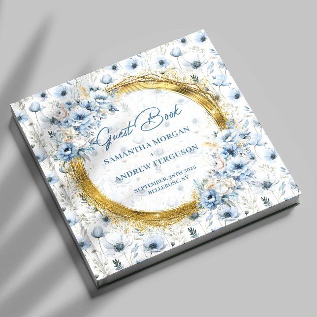 Anpassningsbar Dusty Blue Guld Glitter Bröllop Gue Gästböcker (Custom Dusty Blue Gold Glitter Wedding Guest Book)