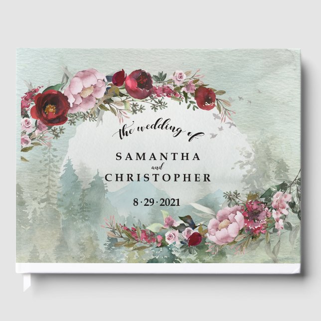 Anpassningsbar Dusty Ro Burgundy Woodland Bröllop Gästböcker (Framsida)