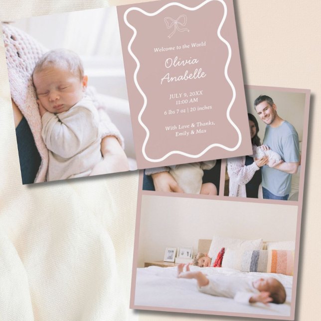 Anpassningsbar Dusty Rosa Bow Vågigt Boho Collage  Meddelande (Custom Dusty Pink Bow Wavy Boho Collage Baby Birth Announcement
)