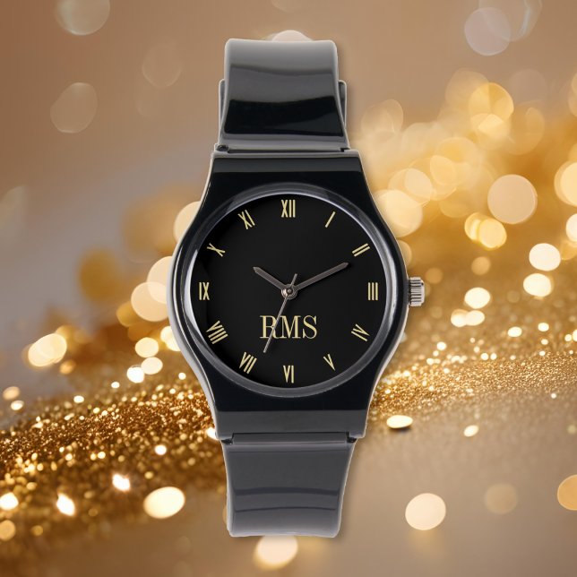 Anpassningsbar Elegant Black Guld Monogram Silicon Armbandsur (Custom Elegant Black Gold Monogram Silicone Strap Watch)