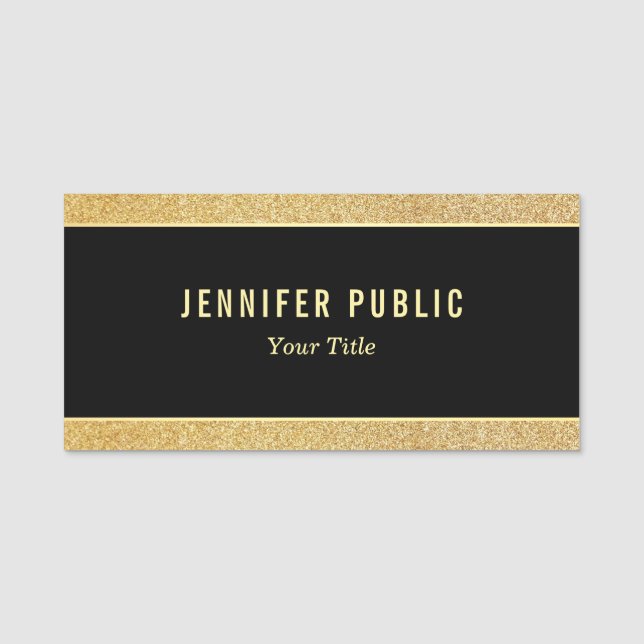 Anpassningsbar Elegant Black och Guld Glitter Namnbricka (Framsida)