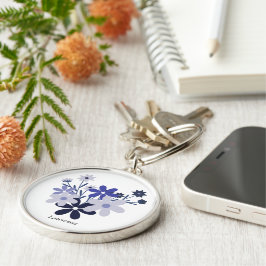 Anpassningsbar elegant blommigt  blå lila violett rund silverfärgad nyckelring