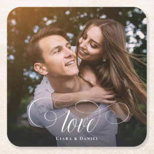 Anpassningsbar Elegant Calligraphy Couple Bröllop  Underlägg Papper Kvadrat