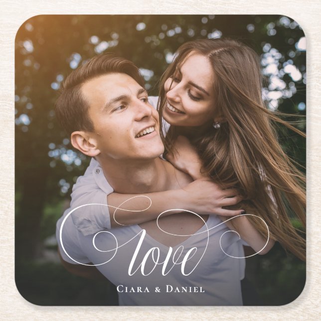 Anpassningsbar Elegant Calligraphy Couple Bröllop  Underlägg Papper Kvadrat (Framsidan)
