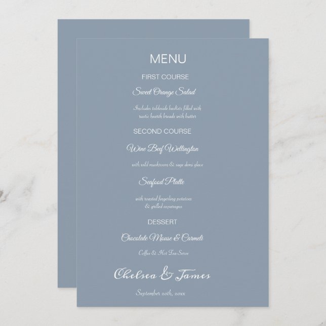 Anpassningsbar Elegant Dusty Blue Calligraphy Bröl Meny (Fram/baksida)