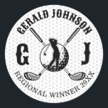 Anpassningsbar Elegant Golf Monogram Design Runt Klistermärke<br><div class="desc">Eleganten Golf Monogram Design från Edward Eksi med minimal Anpassningsbar. Enkel modifiering av INITIALER och TEXTS efter dina behov.</div>