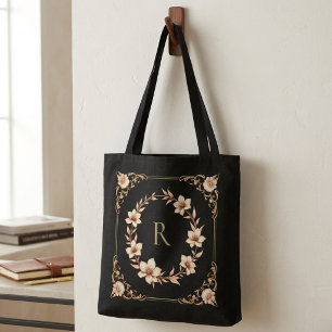 Anpassningsbar Elegant Guld Blommig & Löv Monogram Tygkasse