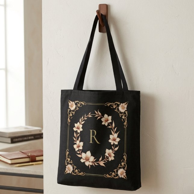 Anpassningsbar Elegant Guld Blommig & Löv Monogram Tygkasse (Skapare uppladdad)