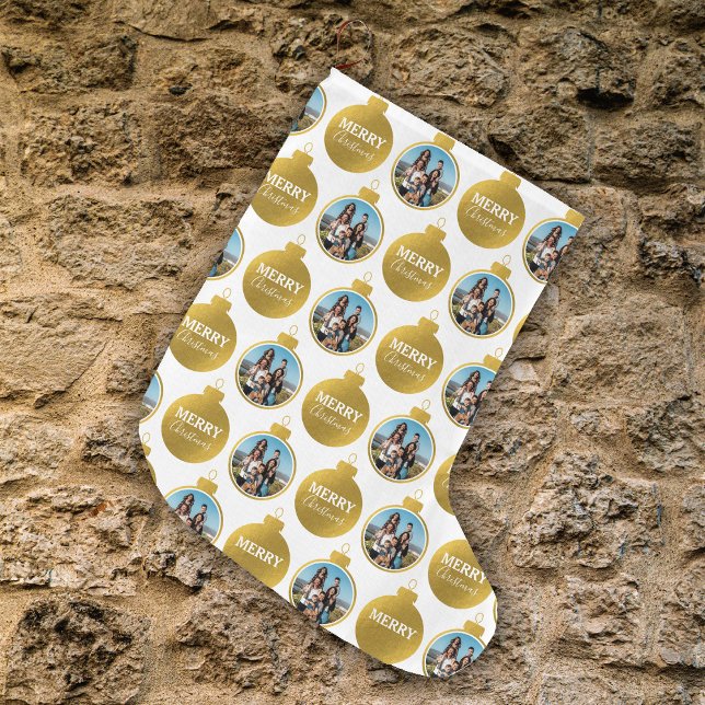 Anpassningsbar Elegant Guld Photo Ornaments jul Stor Julstrumpa (Custom Elegant Gold Photo Ornaments Christmas Large Christmas Stocking)