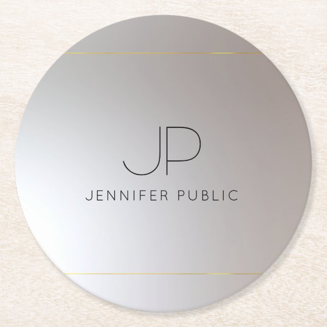 Anpassningsbar Elegant Monogram Initial Guld Silve Underlägg Papper Rund (Framsidan)