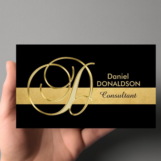 Anpassningsbar Elegant Monogrammed Guld Black Init Visitkort (Custom Elegant Monogrammed Gold Black Initial 'D' Business Card)