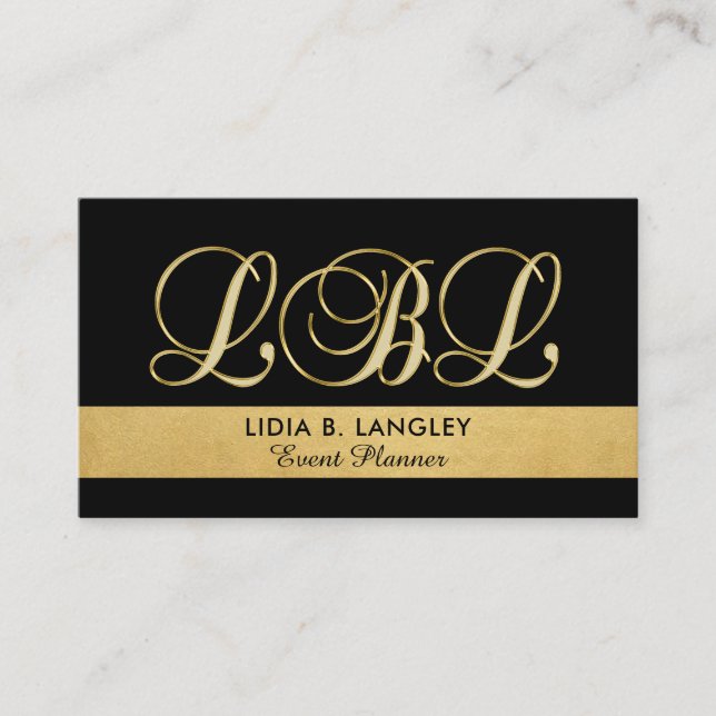 Anpassningsbar Elegant Monogrammed Guld Black Init Visitkort (Framsida)
