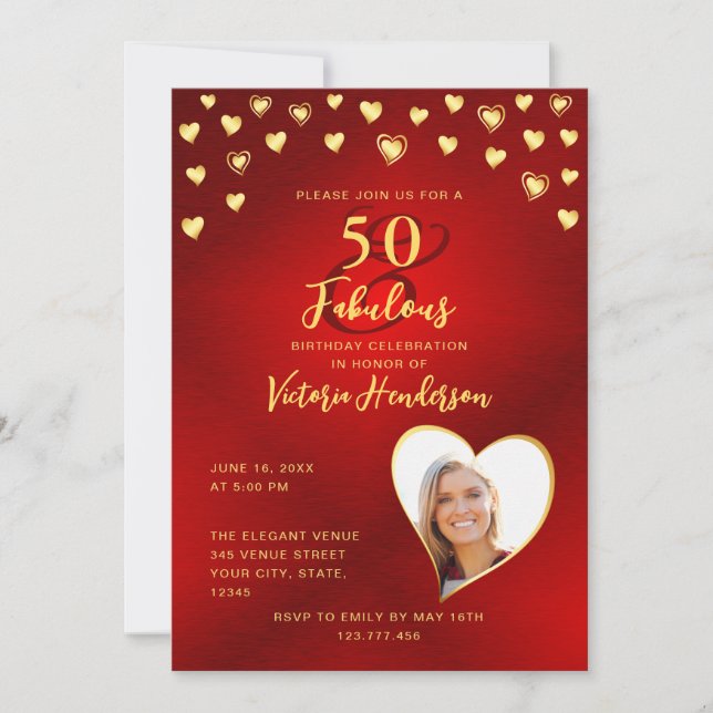 Anpassningsbar Elegant Red & Guld 50 och Fabulous  Inbjudningar (Framsida)