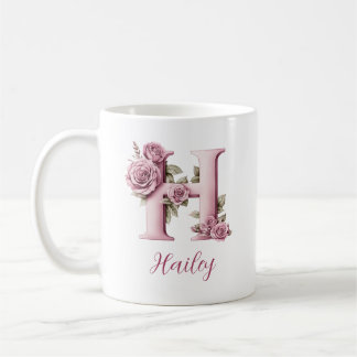 Anpassningsbar Elegant Rosa Blommigt Monogram Brev Kaffemugg