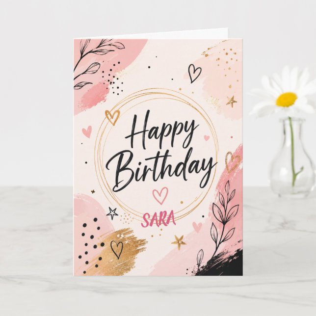 Anpassningsbar Elegant Rosa & Guld Födelsedag  Kort (Liten växt)