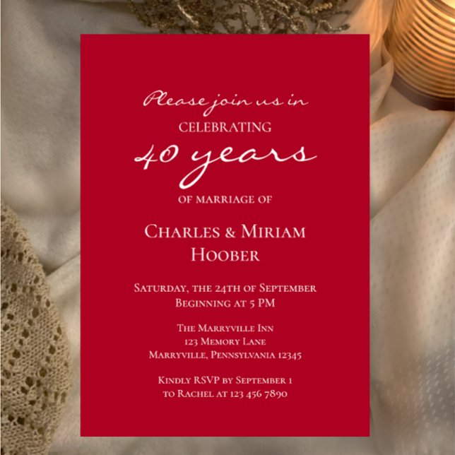 Anpassningsbar Elegant Ruby 40 Bröllop-årsdagen Pa Inbjudningar (Easily customize this simple elegant ruby 40th anniversary party invitation template
)