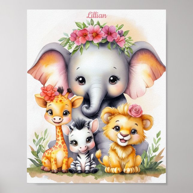 Anpassningsbar Elegant Safari Nursery Baby djur Poster (Framsidan)