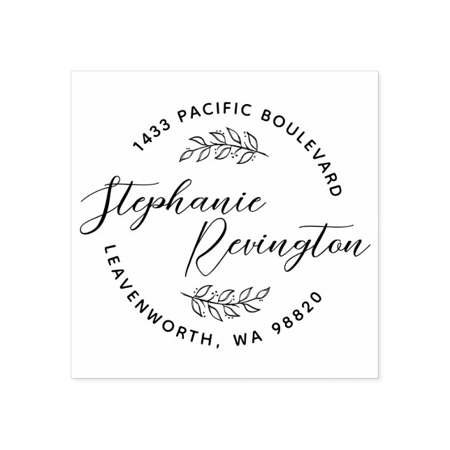 Anpassningsbar Elegant Script & Cute Löv | ADRESS Stämpel (Tryck)