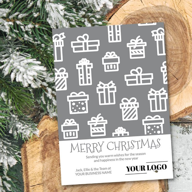 Anpassningsbar Enkel modern julklapp min Logotyp Julkort (Logo Holiday Card with Merry Christmas and Christmas Gifts by Busy Business Bee)