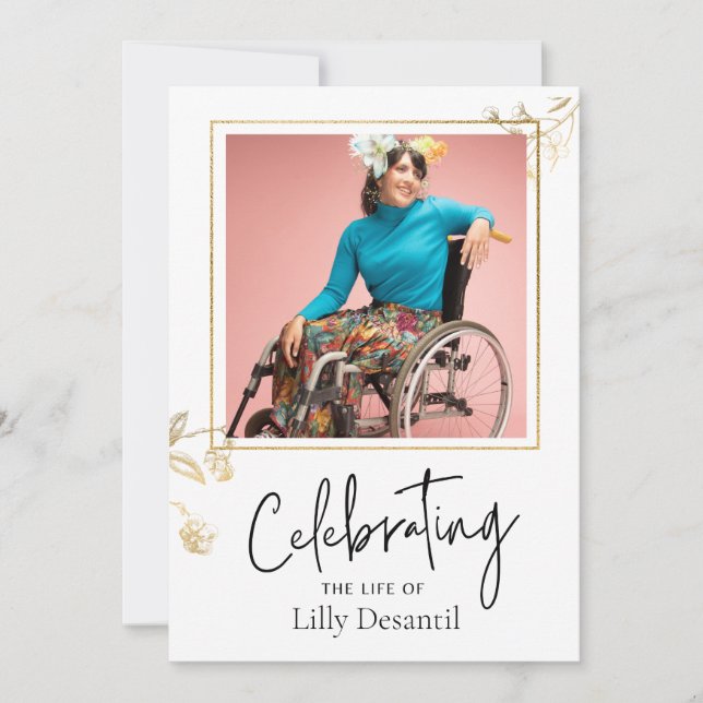 Anpassningsbar: Enkelt Guld Flower Funeral Memoria Inbjudningar (Framsida)