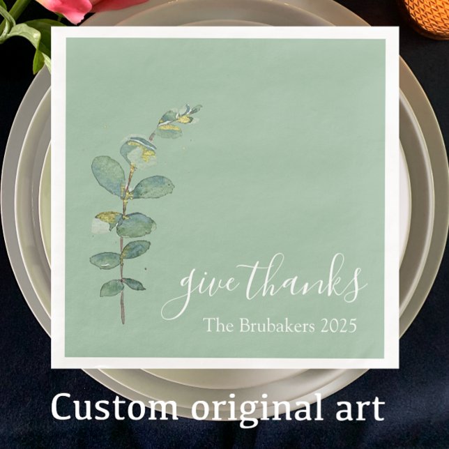 Anpassningsbar Eucalyptus Boho Ge Tack Thanksgivin Pappersservett (Decorate your Thanksgiving table with my original eucalyptus watercolor and custom elegant script.)
