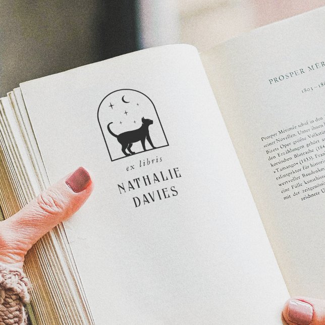 Anpassningsbar Ex Libris | Magic Måne Stars & Cat  Stämpel (Stamp Mock-up)