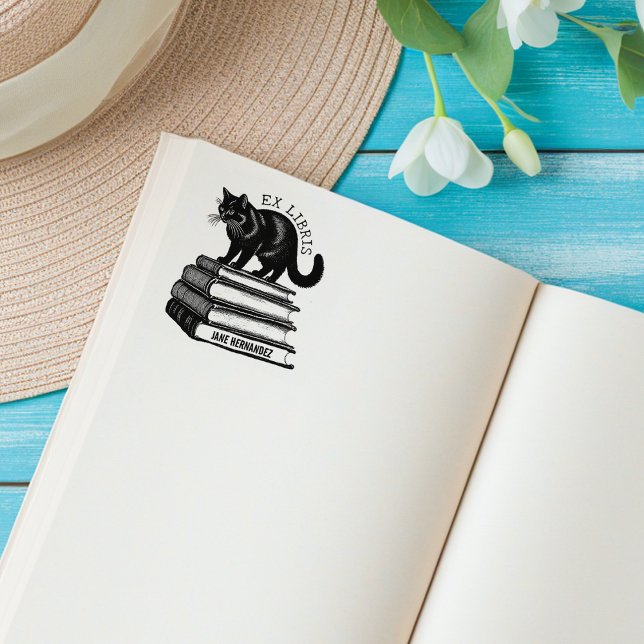 Anpassningsbar Ex Libris, Vintage Cat Bok Stämpel (Skapare uppladdad)