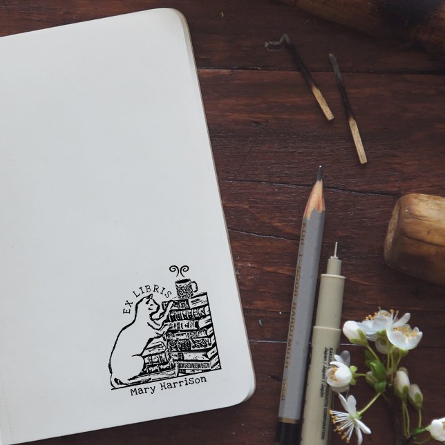 Anpassningsbar Ex Libris, Vintage Cute Cat Bok Stämpel (Skapare uppladdad)