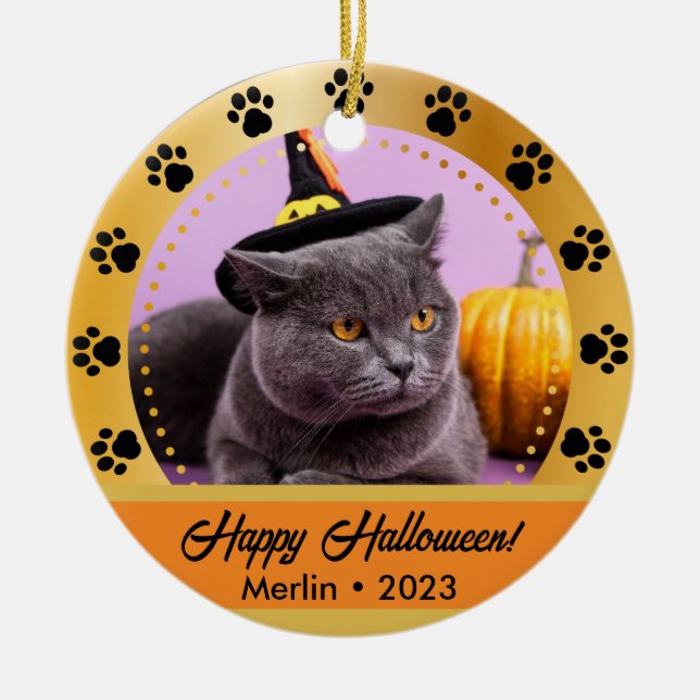 Anpassningsbar Fall Halloween Photo Namn Year Pet  Julgransprydnad Keramik (Framsidan)