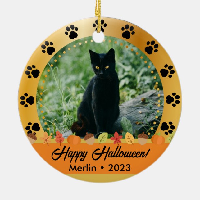 Anpassningsbar Fall Halloween Photo Namn Year Pet  Julgransprydnad Keramik (Baksidan)
