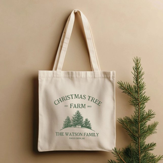 Anpassningsbar Familj Namn Julgran Farm Retro Tygkasse (Skapare uppladdad)