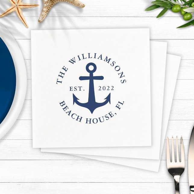 Anpassningsbar Familj Namn White Navy Blue Anchor  Pappersservett (Nautical Napkins with Navy Blue Anchor with Custom Text)