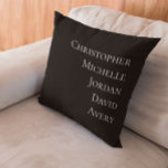Anpassningsbar Familjemedlem Namn Black White Mode Kudde<br><div class="desc">Med den här Anpassningsbar familjemedlemmen Namn Black & White Modern Type Accent Pillow får du ett personligt tryck på din hemdekanter. Den här kudden har en elegant minimalistisk utformning i klassiskt svartvitt och är perfekten för att visa namnen på dina kära i ett modernt typsnitt av snyggt. Perfekt för vardagsrum,...</div>